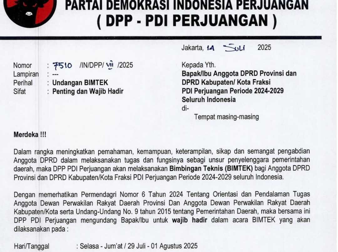 Surat undangan dari DPP PDI Perjuangan kepada seluruh kadernya, terutama bagi anggota DPRD provinsi, kabupaten/kota dari Fraksi PDI Perjuangan se-Indonesia untuk menghadiri bimtek 29 Juli hingga 1 Agustus 2025 di Bali