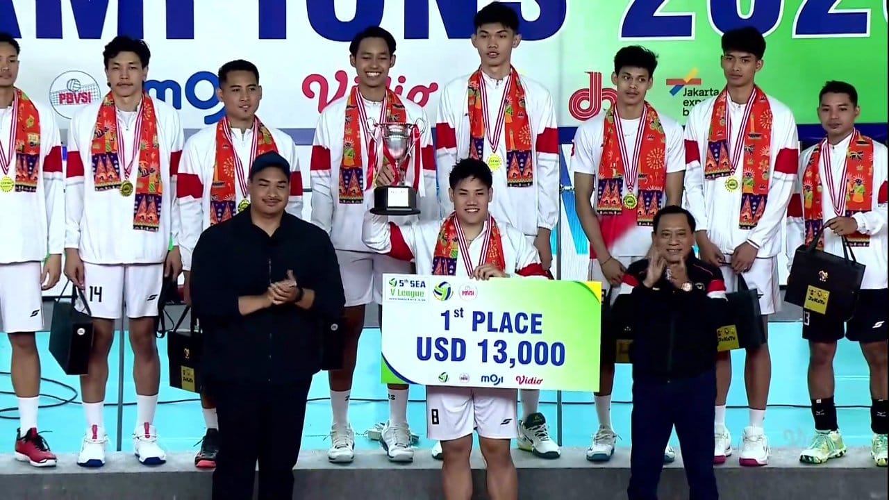Timnas Voli Putra Indonesia berhasil menjuarai turnamen SEA V League 2025 di Jakarta International Veledrome, Minggu (20/7/2025) malam dengan memuncaki klasemen leg ke-2 