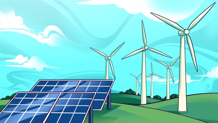Ilustrasi energi baru terbarukan (ebt) pembangkit listrik tenaga angin dan pembangkit listrik tenaga surya (PLTS). (narakita/grafis/tera)