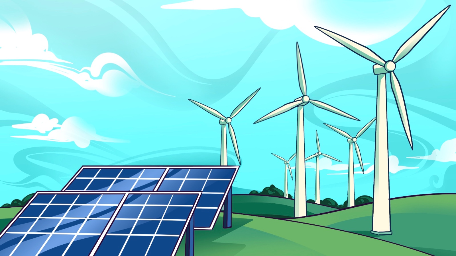 Ilustrasi energi baru terbarukan (ebt) pembangkit listrik tenaga angin dan pembangkit listrik tenaga surya (PLTS). (narakita/grafis/tera)