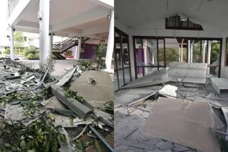 Sebuah rumah sakit di perbatasan Thailand-Kamboja porak poranda oleh serangan artileri pasukan Kamboja. Konflik antara Thailadn dan Kamboja akibat perebutan penguasaan wilayah Candi Preah Vihear, yang berada di puncak Pegunungan Dangrek (perbatasan antara Thailand dan Kamboja) ini meningkat.