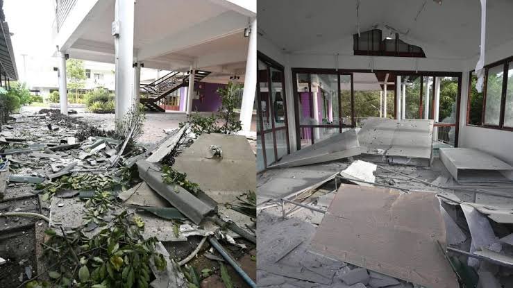 Sebuah rumah sakit di perbatasan Thailand-Kamboja porak poranda oleh serangan artileri pasukan Kamboja. Konflik antara Thailadn dan Kamboja akibat perebutan penguasaan wilayah Candi Preah Vihear, yang berada di puncak Pegunungan Dangrek (perbatasan antara Thailand dan Kamboja) ini meningkat.
